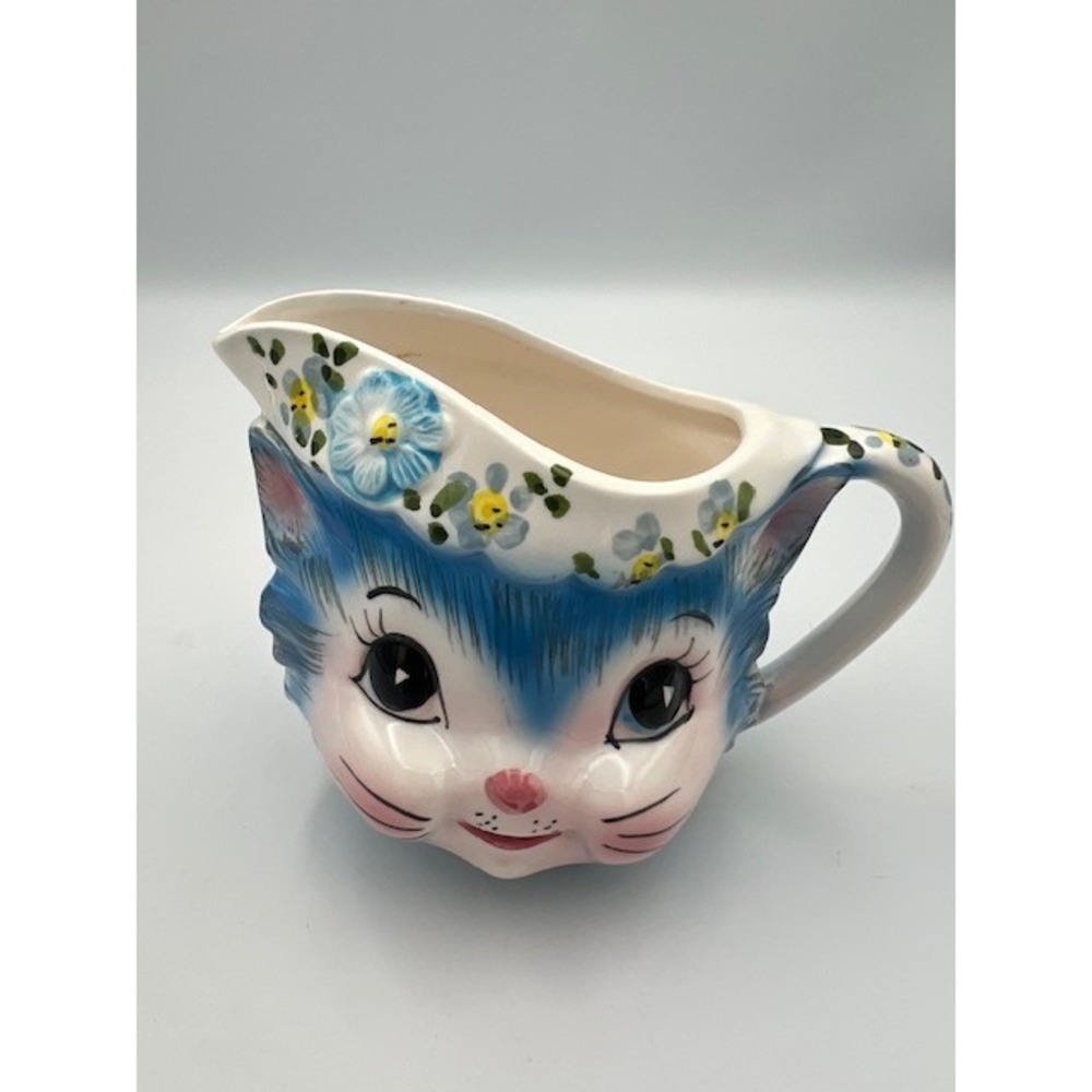 Vintage Lefton Miss Prissy Blue Cat Ceramic Creamer Pitcher 1508
